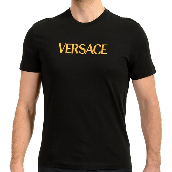 Versace Men's Black Short Sleeve Gold Logo Embroidery T-Shirt US M IT 50 - Picture 1 of 6